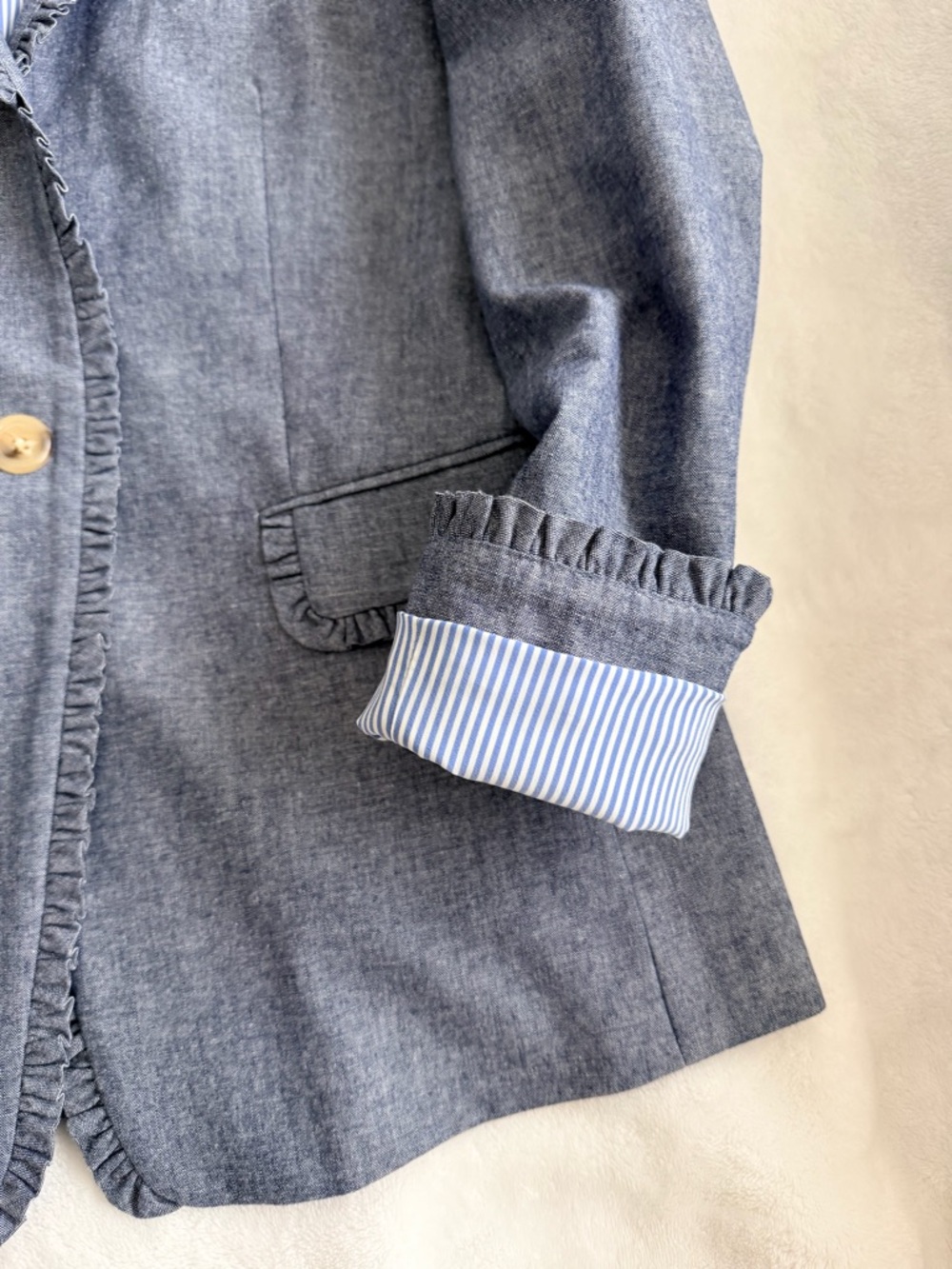 J. Crew Chambray Regent Light Blue Ruffle-Trim Single-Button Blazer 100% Cotton - Picture 5 of 8